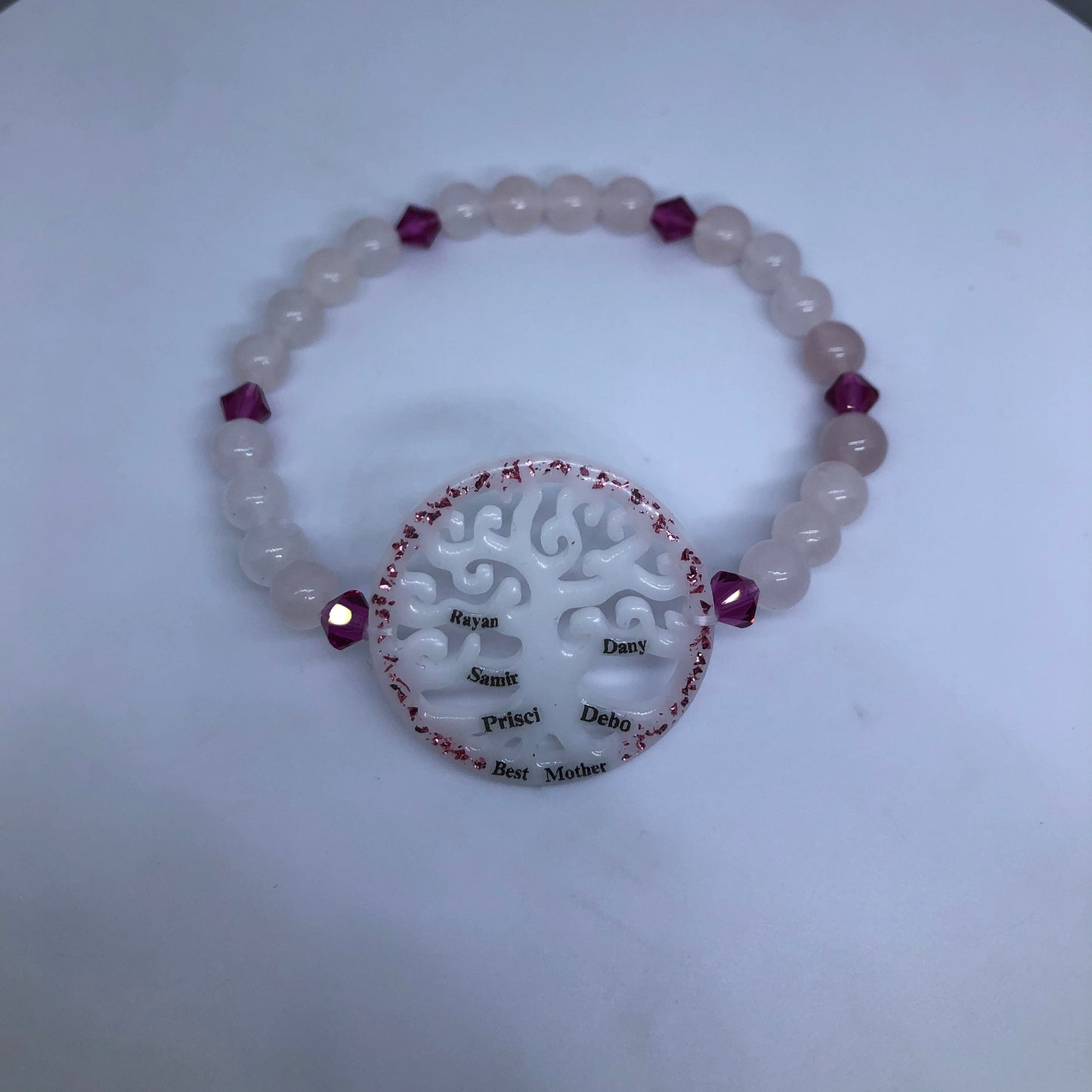 Bracelet Arbre de Vie Généalogique - Quartz Rose et Préciosa Violette