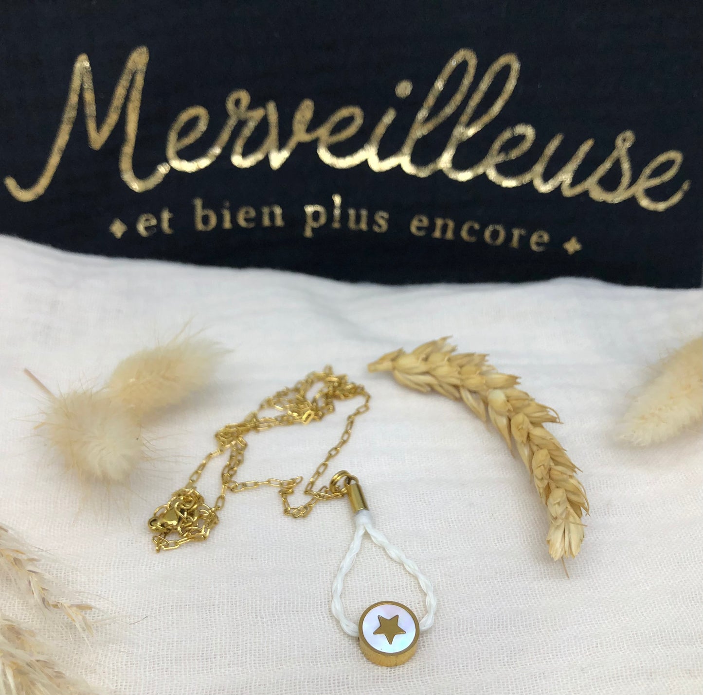 pendentif crin de cheval acier inoxydable doré avec sa chaine et sa perle de nacre étoilée